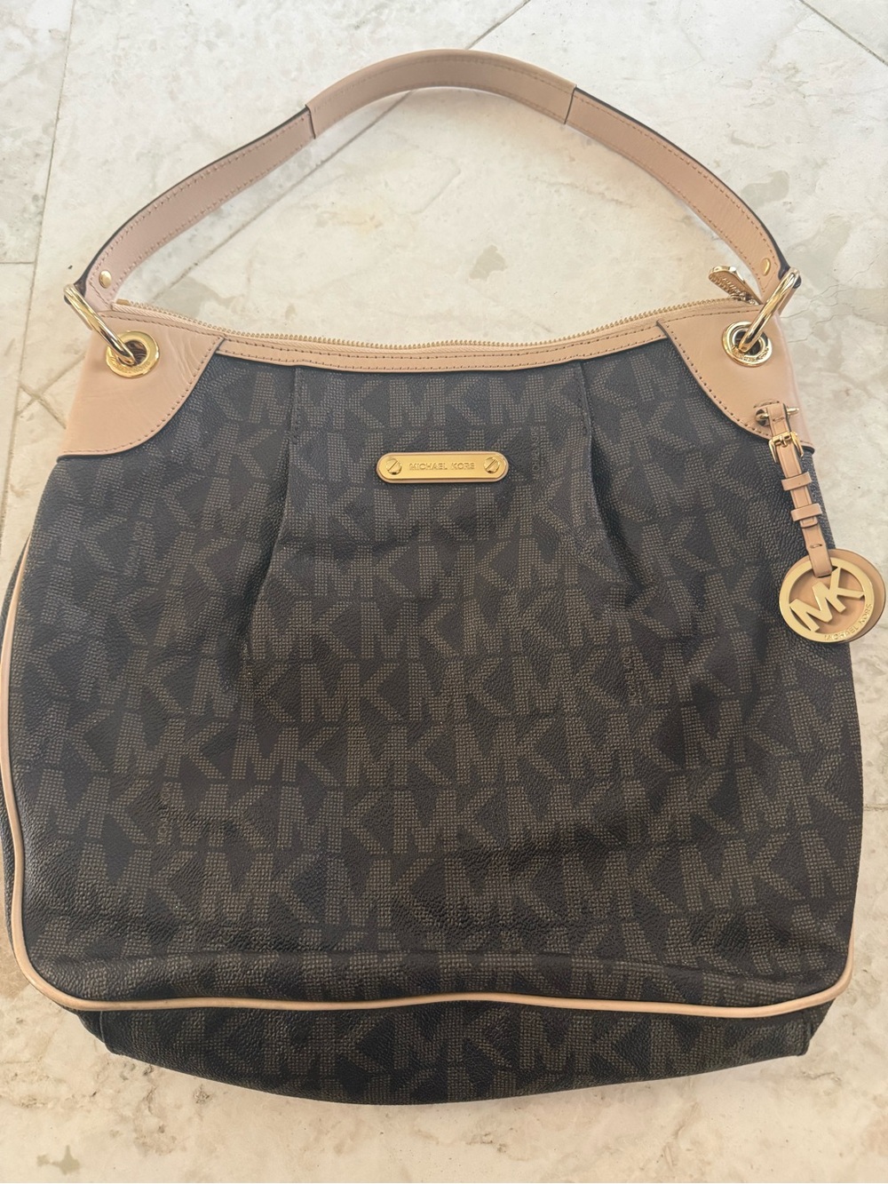 Michael Kors Jet Set Signature Brown Logo with Tan Trim and Gold Hardware (used)